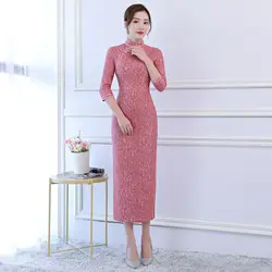 Китайское женское вечернее платье, пикантное кружевное Чонсам с высоким разрезом, элегантное тонкое длинное платье ручной работы на