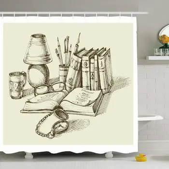 

Shower Curtain Cup Clock Vintage Lifestyle Stack Books Lamp Relax Literature Library Old Sketch Study Tea Design Waterproof