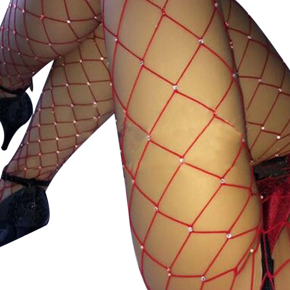 Fishnet Large Mesh Net Stockings Shiny Diamond Sexy Hot Rhinestone Eggings Stockings Pantyhose Women Thigh Club Party#L10 - Цвет: Red