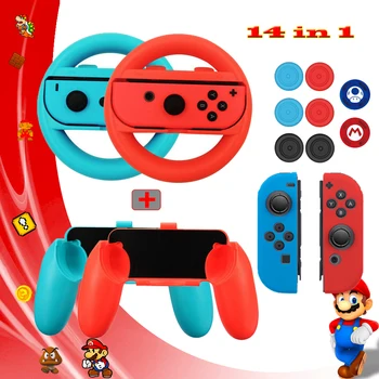 

14 in 1 Nintend Switch Accessories Racing Steer Wheel Handle Grips 2 Silicone Case 8 Analog Caps for Nintendo Switch NS Joy-con