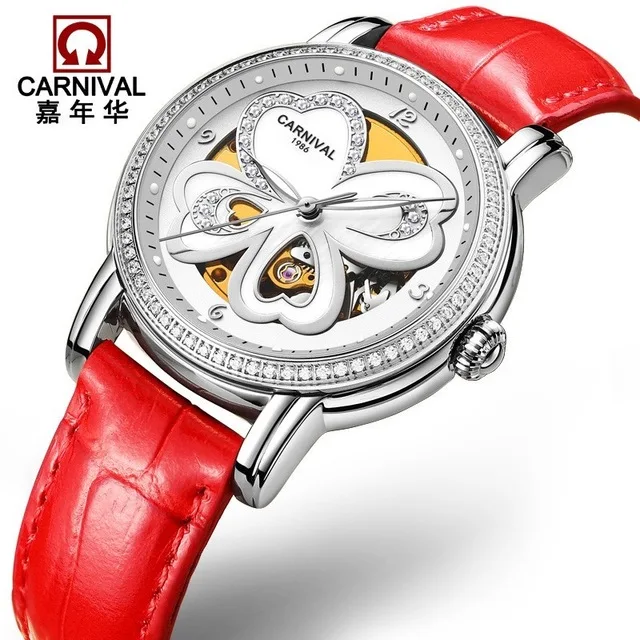 KARNEVAL режим Frauen Uhren Leder High end Tourbillon Mechanische Uhr Frauen светящийся сапфир вассердихт Montre femme - Цвет: 2
