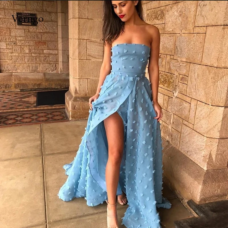 

Verngo A Line Evening Dress Blue Flower Formal dress Side Slit Elegant Dress Party Gowns La Robe De Soire
