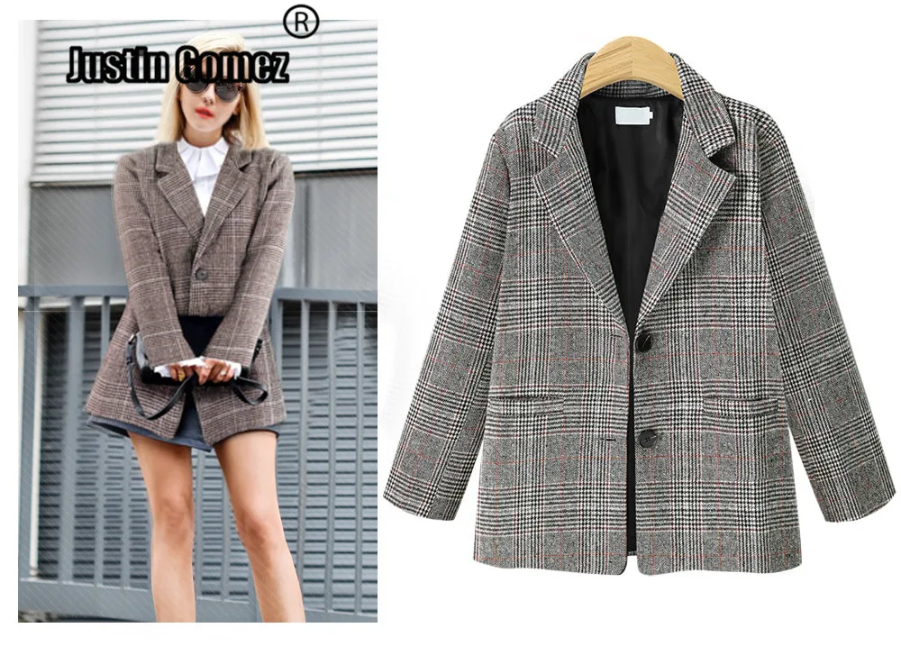 

European Design Loose oversized Women tweed blazer jacket office suit Lapel Collar Coat Long Sleeve Plaid Blazer Outerwear