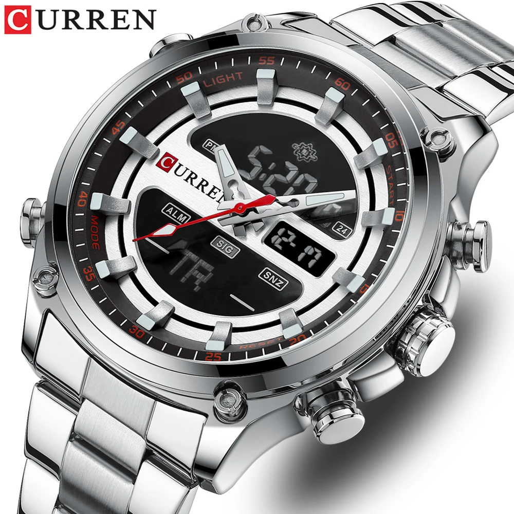 CURREN NEW Fashion Digital Quartz Watches Men LED Display Stainless Steel Wristwatches Chronograph Alarm Male Clock