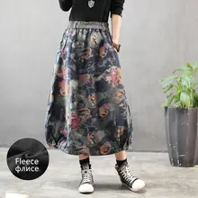 Осень зима Женская флисовая джинсовая юбка длинная свободная эластичная талия с цветочным принтом Ретро винтажная джинсовая юбка