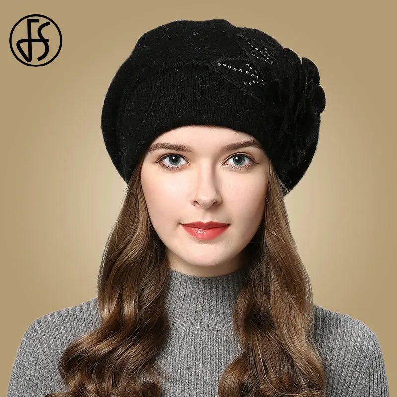 FS Women Rabbit Berets Knitted Wool Hats Winter Flowers Warm Female Cap Girls Beanies Fur Hat Gorros Bonnet Femme Hiver
