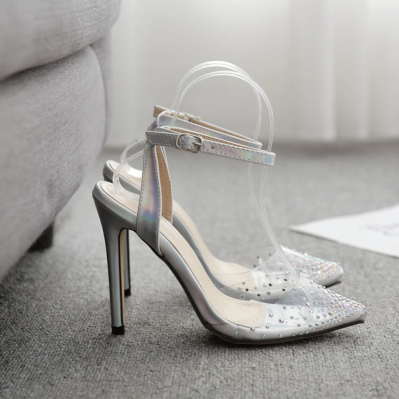 Kcenid модные стразы ПВХ прозрачная обувь для женщин; прозрачные туфли на высоком каблуке дамские босоножки на высоком каблуке с острым носком; вечерние Серебряные вечерние свадебные туфли