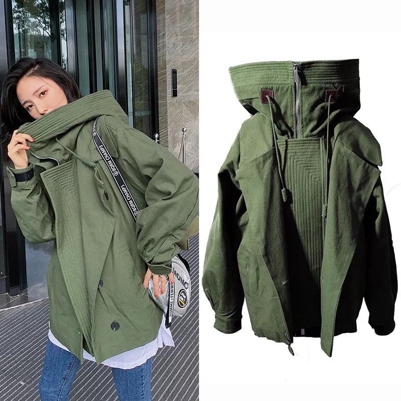 

Fall/winter new coat army green tooling thick loose casual hooded stand collar fashion solid color jacket women