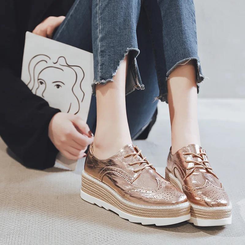 Women Hollow Out Leather Platform Oxford Flats Gold/Silver Square Toe