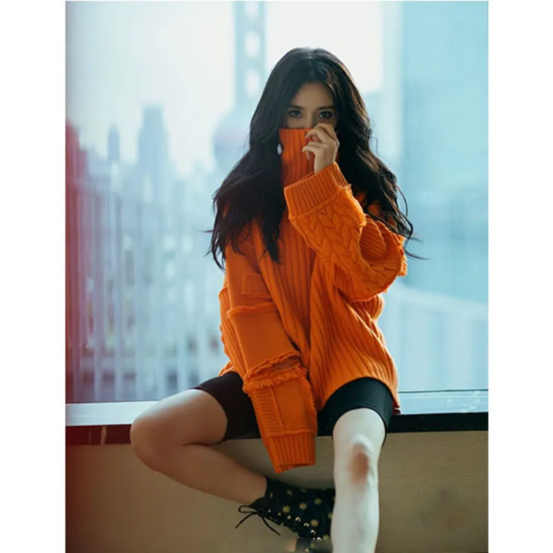 

Yang Mi Celebrity Style Orange High Collar Loose-Fit Pullover Tassels with Holes Autumn And Winter Sweater Orange Women's Big Po