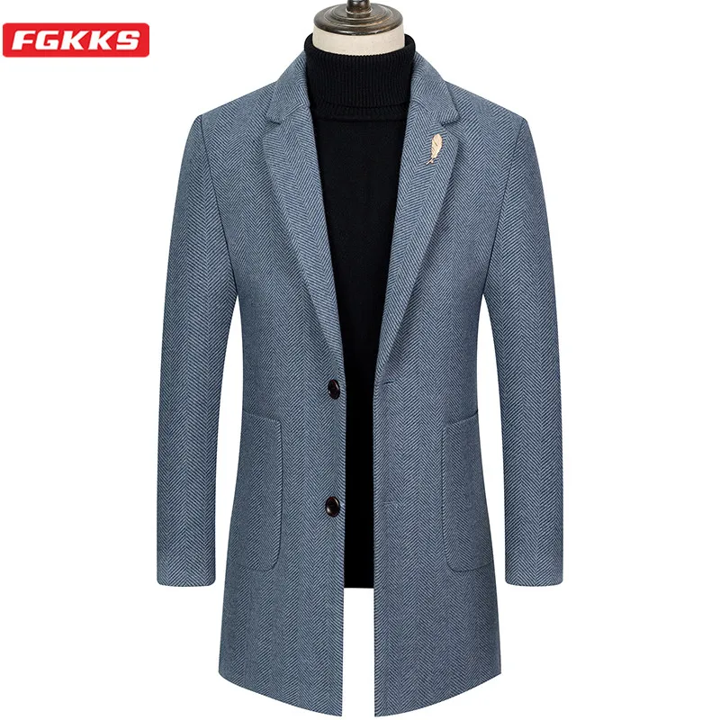 

FGKKS Winter New Men Wool Coat Men's New Fashion Solid Color Warm Thick Wool Blends Woolen Pea Coat Male Trench Coat Overcoat