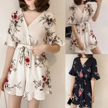 

Fashion Women V-Neck Short Sleeve Playsuits Sashes Printed Jumpsuit Romper Fashion Color Blocking Slim Female Clothes jumpsuits