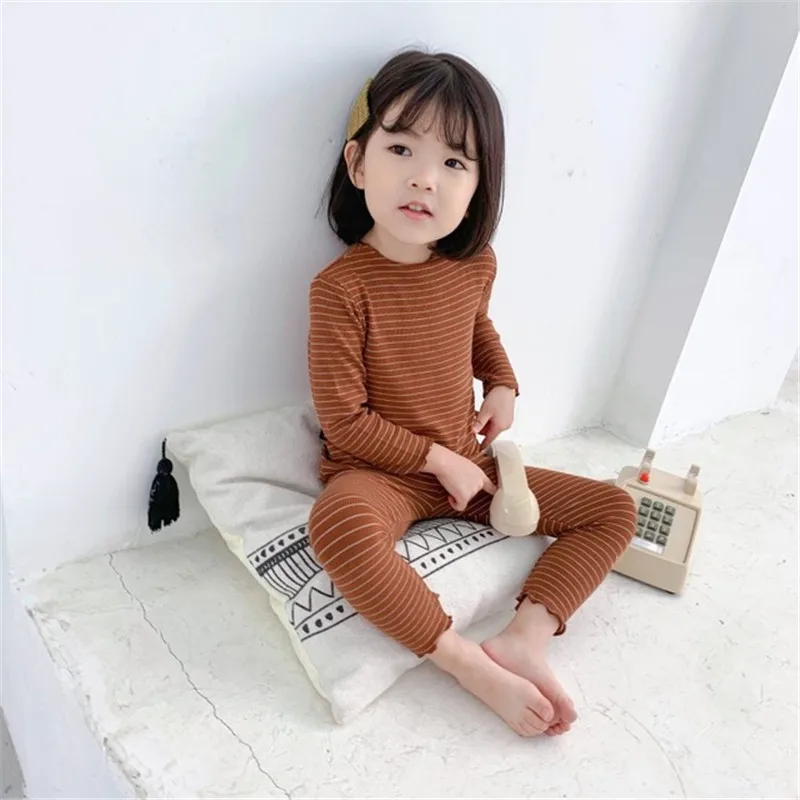 Dark Brown Новая Одежда для девочек комплект одежды с длинными рукавами в полоску Футболки Блузка+ длинные штаны 2 шт. пижамный комплект ночное белье домашний костюм для детей E0353 - Цвет: Dark Brown