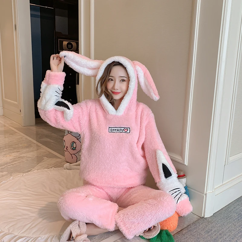 

New Autumn And Winter Pajamas Ladies Adult Cute Cartoon Animal Pajamas Warm And Comfortable Hooded Rabbit Ladies Home Set