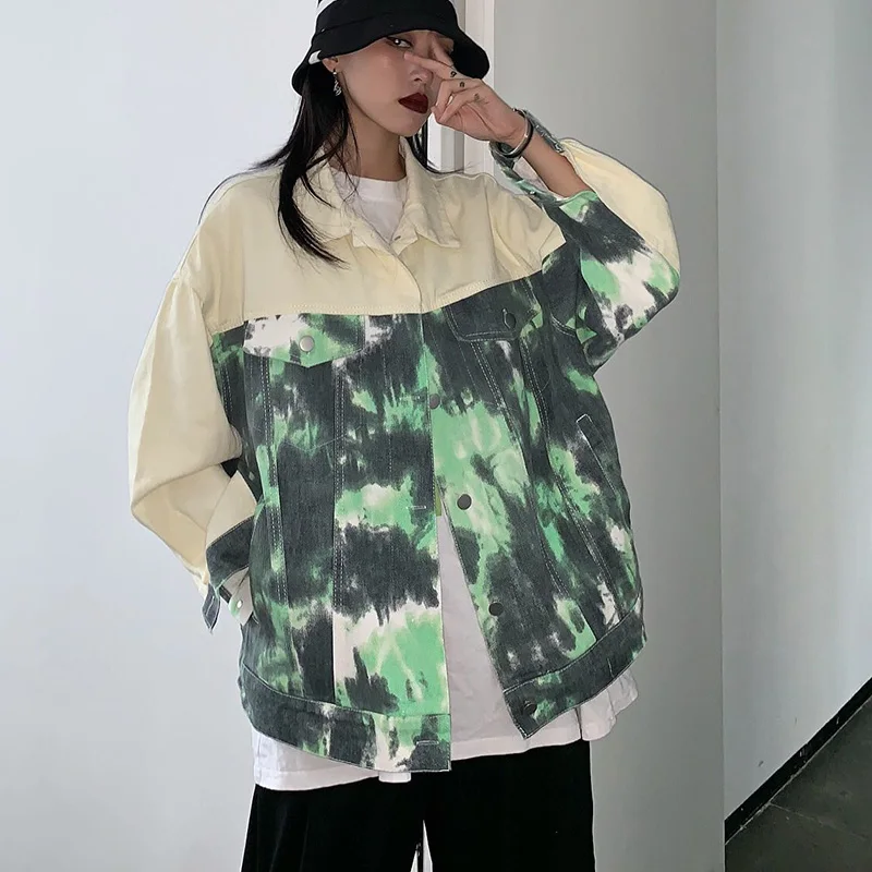 

Autumn Vintage Tie-dyed Splicing Denim Jacket Hip Hop Streetwear Coat Women Loose Casual Bomber jacket Women