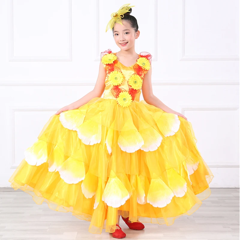 Испанский, юбки для девочек, рубаки с длинными фламенко платье для бальных танцев, юбка для детей; платья для танцев для детей Одежда 360/540/720 градусов DL5144