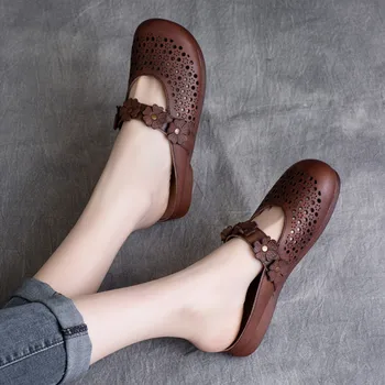 

Women Leather Slippers Mules Embroidery Low Heels Retro Summer Shoes for Women Handmade Genuine Leather Women Slipper Black 2020