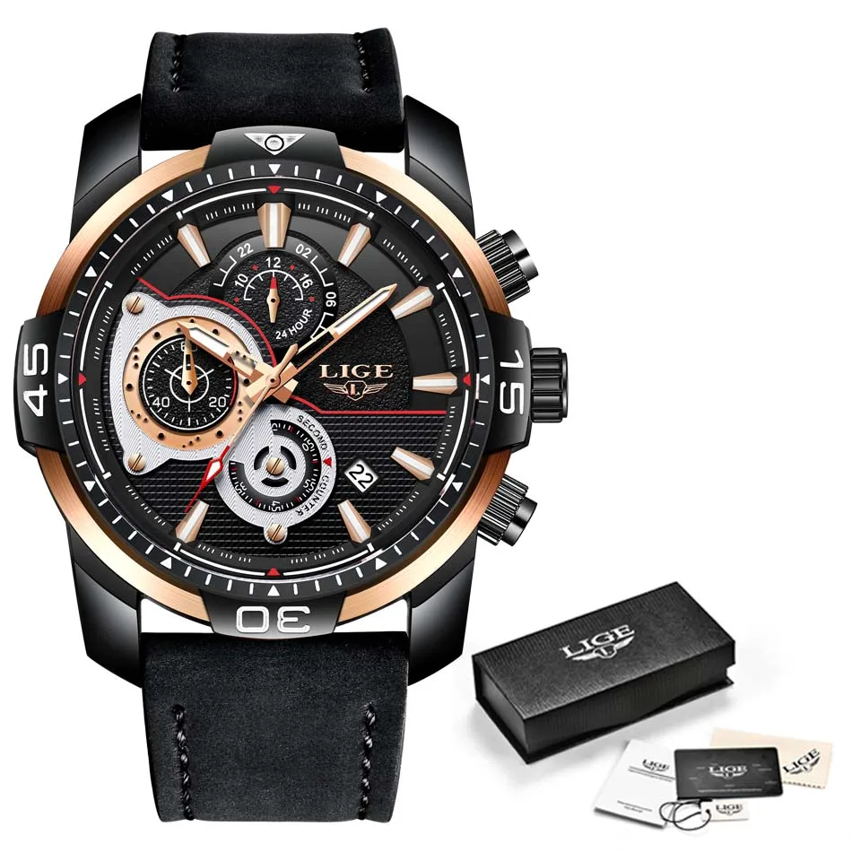 Black rose gold LIGE новые модные мужские часы с силиконовым ремешком, Топ бренд, роскошные спортивные часы с хронографом, военные водонепроницаемые часы, Relogio Masculino - Color: Black rose gold