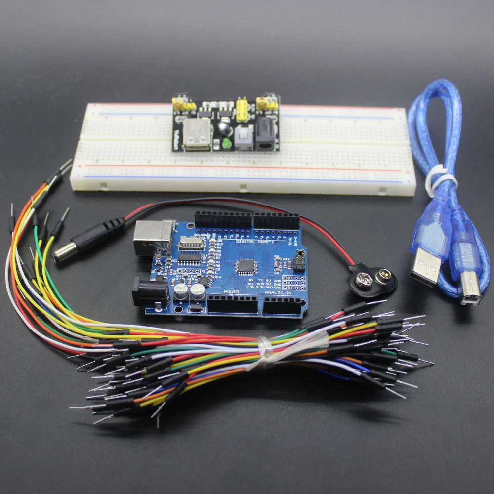 Стартовый набор для Arduino R3-комплект из 5 предметов: плата R3, макетная плата, перемычки, usb-кабель и разъем для аккумулятора 9 в