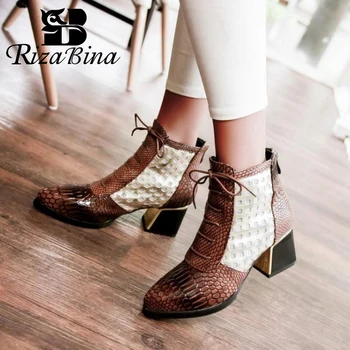 

RIZABINA Ankle Boots Women Winter Snake Print Lace Up Office Shoes Women Pointed Toe Zipper High Heels Short Boots Size 32-43