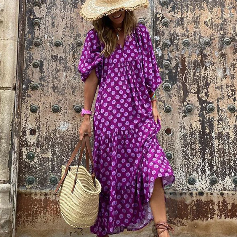 Autumn Fashion Half Sleeve Women Loose Dress Casual Printed Vintage Long Dresses Elegant V Neck Drawstring Party Dress Vestidos plus size wedding dresses