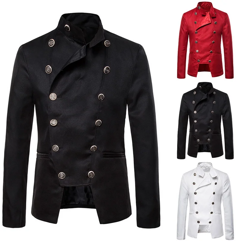 

PUIMENTIUA Blazer Men 2019 New Business Double-Breasted Jacket Casual Stand Collar Male Blazer Slim Fit Mens Blazer Jacket