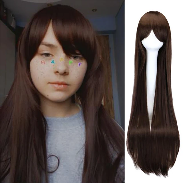 QQXCAIW Long Straight Cosplay Wig Black Purple Black Red Pink Blue Dark Brown 100 Cm Synthetic Hair Wigs dark brown