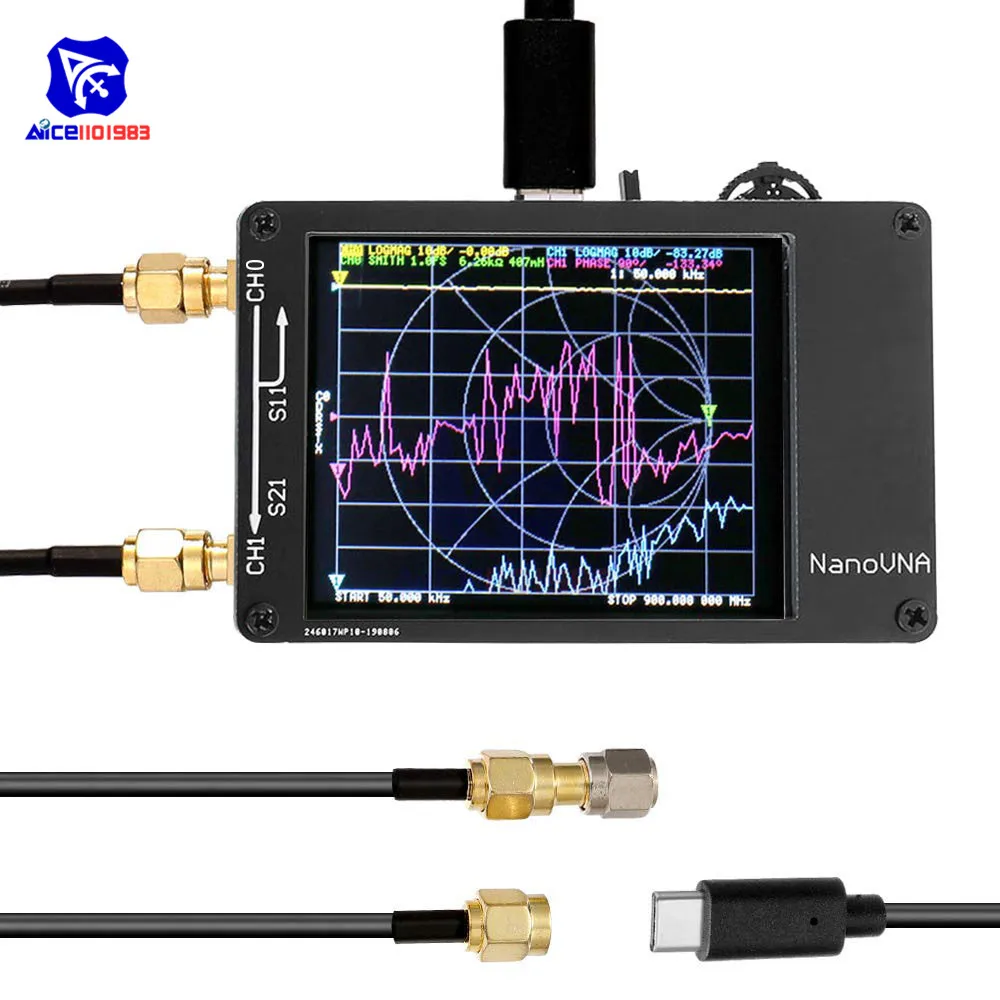 Diymore NanoVNA Векторный анализатор цепей 50 кГц-900 МГц 2," цифровой ЖК-дисплей сенсорный экран HF антенна УКВ, СКВ анализатор SMA провода