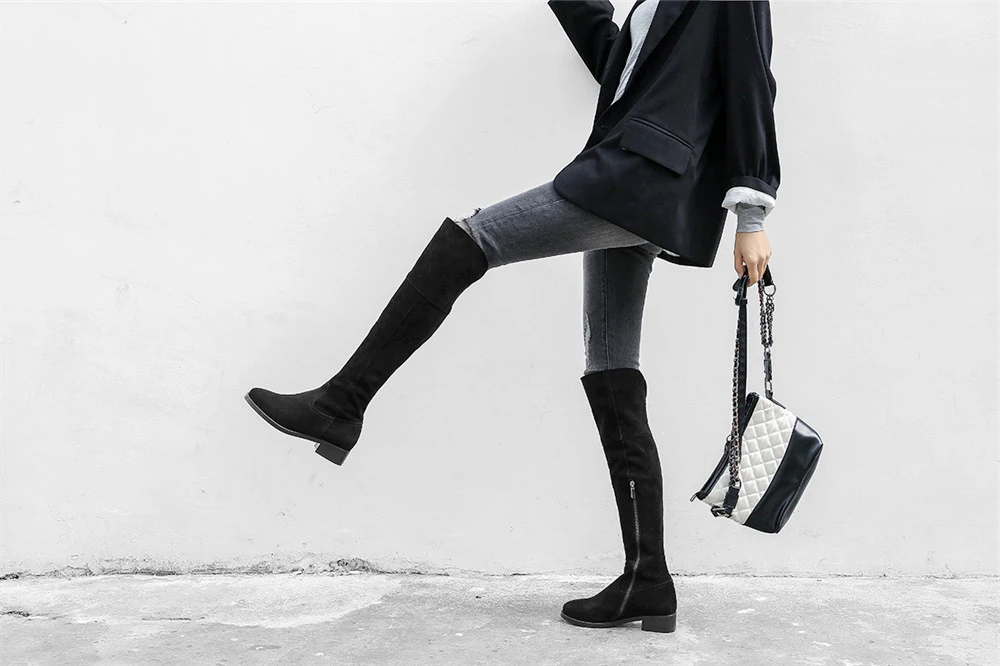 Высокие сапоги до бедра; черные женские сапоги выше колена из натуральной кожи на низком квадратном каблуке 3 см; теплые зимние Нескользящие сапоги; LDI01 muyisxi