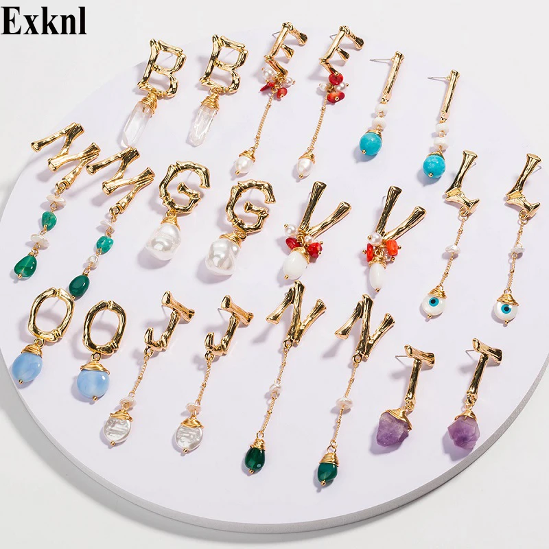 

Exknl Natural Stone alphabet Letter Drop Earrings Women Shell initial Pearl Earrings for Women Boho Earrings Fashion Jewelry