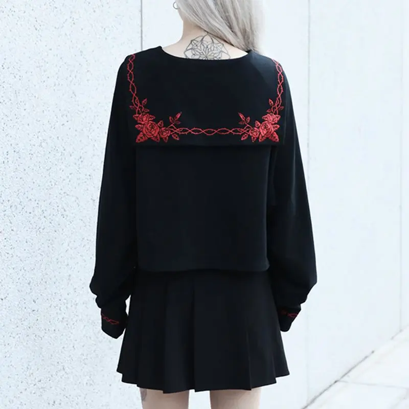 Корейские женские толстовки Лолита японский Harajuku вышитые футболки девушки топы в готическом стиле Kawaii Толстовка японский стиль матросский костюм