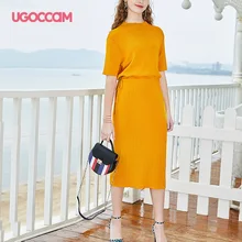 UGOCCAM платье с запахом, желтое элегантное однотонное платье с круглым вырезом и коротким рукавом, женские прямые платья, женские праздничные платья