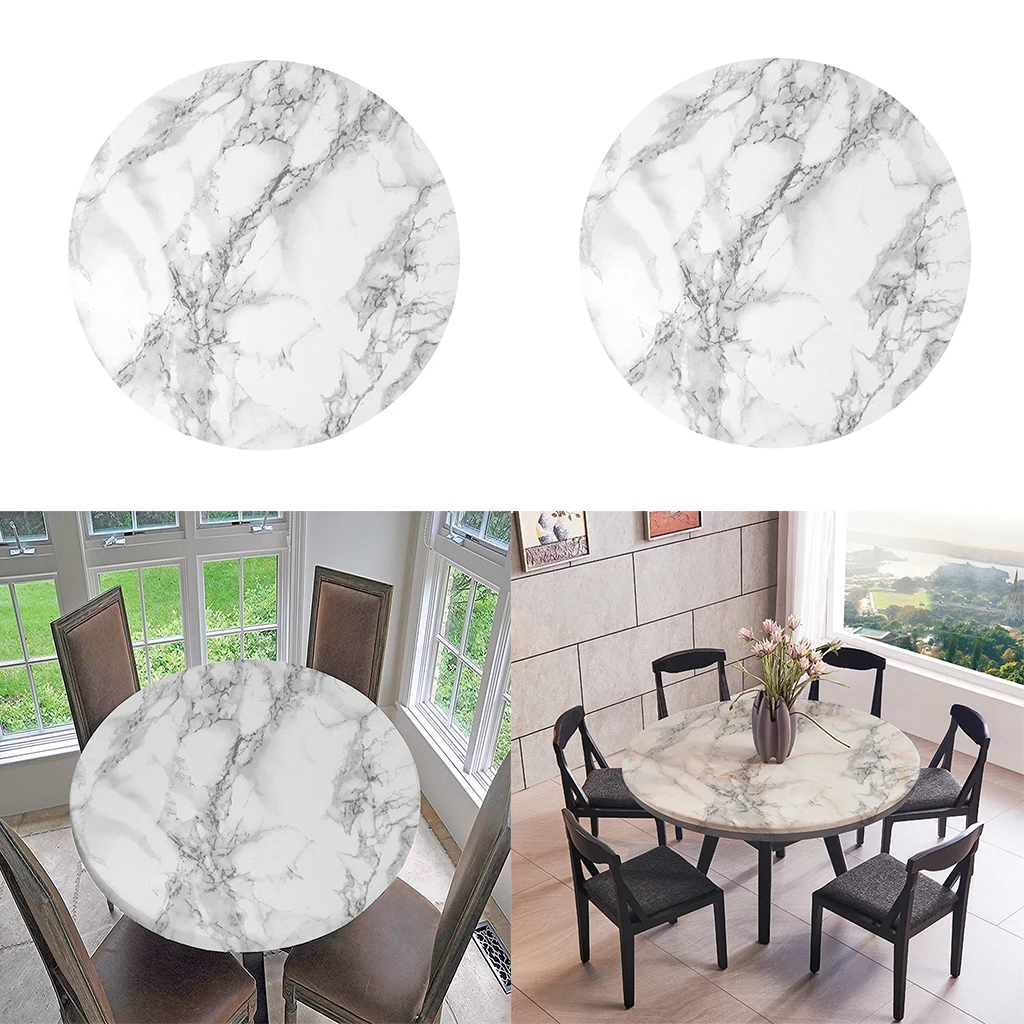 2-Pack Table Cloth Large Round Elastic Edge Fitted Vinyl Waterproof Table Cover - 47 Inches Diameter - Black Marble Pattern