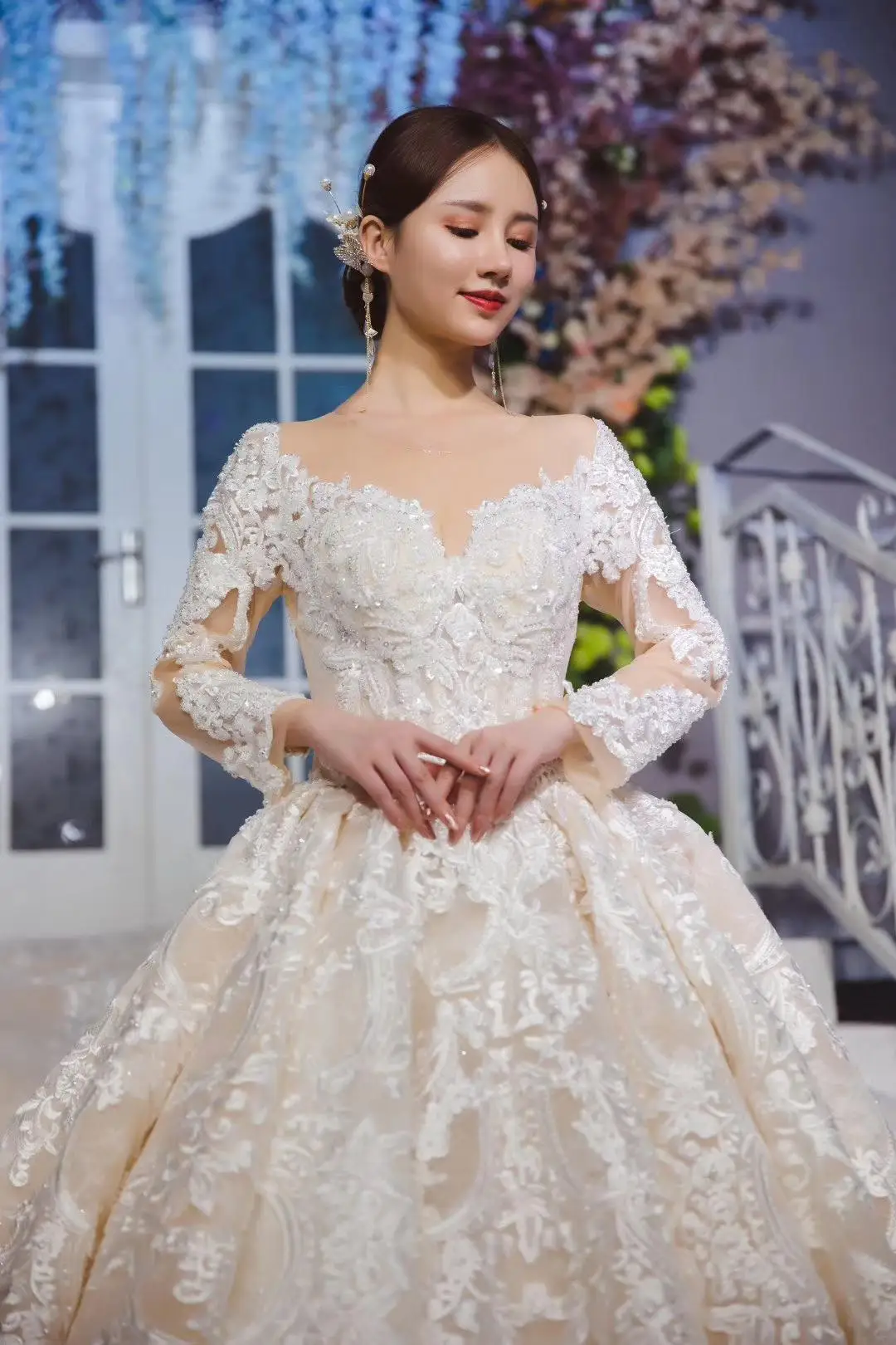 Стиль Robe De Mariee сексуальное кружевное бальное платье с длинными рукавами свадебное платье без рукавов с аппликацией Длинный Шлейф Свадебное платье - Цвет: Шампанское