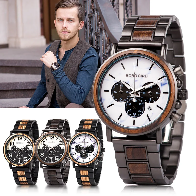 

BOBO Bird Genuine Product All Wood Table Quartz Watch Three-Eyed Multi-functional Watch MEN'S Watch Wood Table