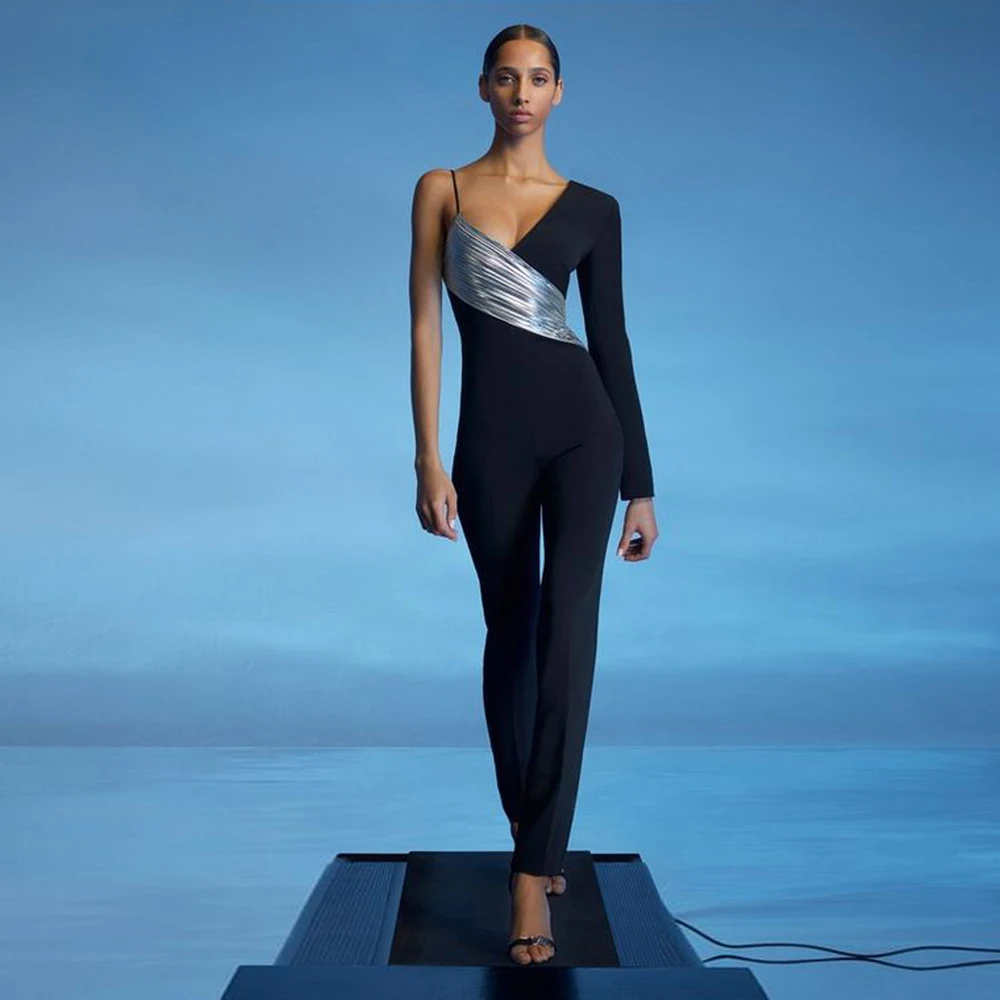 Women Jumpsuit Silver and Black Patchwork One Sholder Long Sleeve Spaghetti Strap Bodycon Celebrity Party Jumpsuits Dropshipping