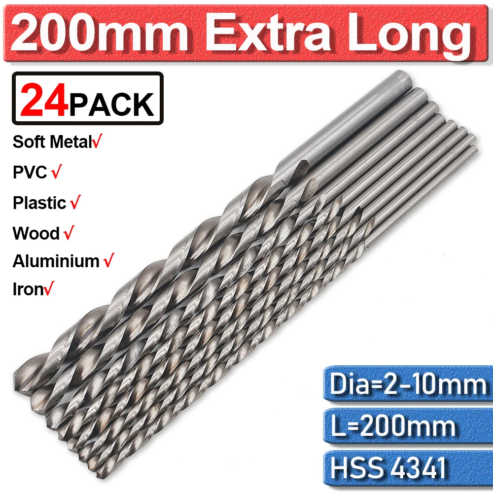 

200mm Extra Long Drill bit HSS 4Pc For Metal Drilling High Speed Steel 2/3/4/5/6/7/8/9/10mm Twist Drill Bits Accessories D30