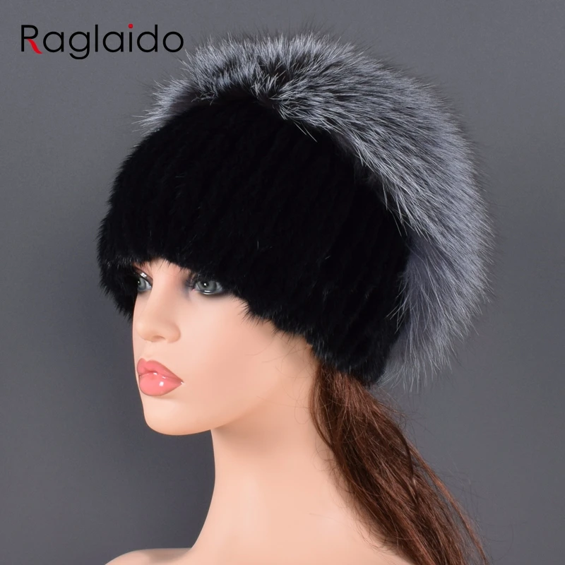 

New knitted Mink Fur Hats for women styles female Women Winter fox fur Cap Headwear girls hats for beanies with woolen lining