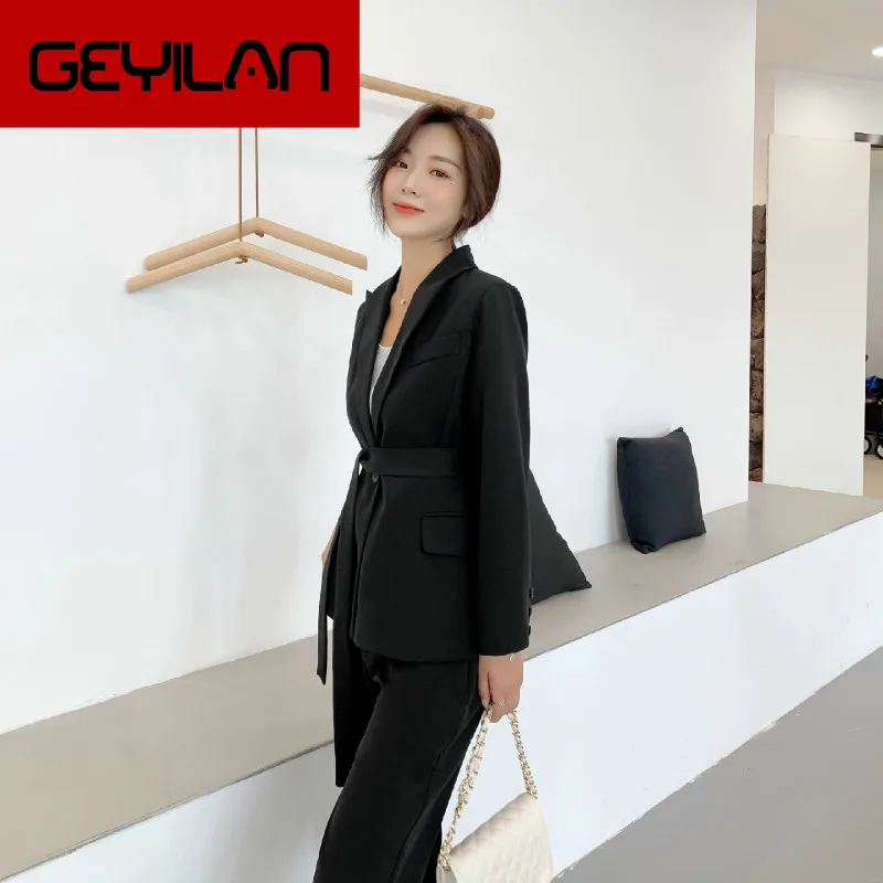 

Women's suit 2019 autumn new fashion casual temperament elegant solid color single buckle small suit trousers two-piece
