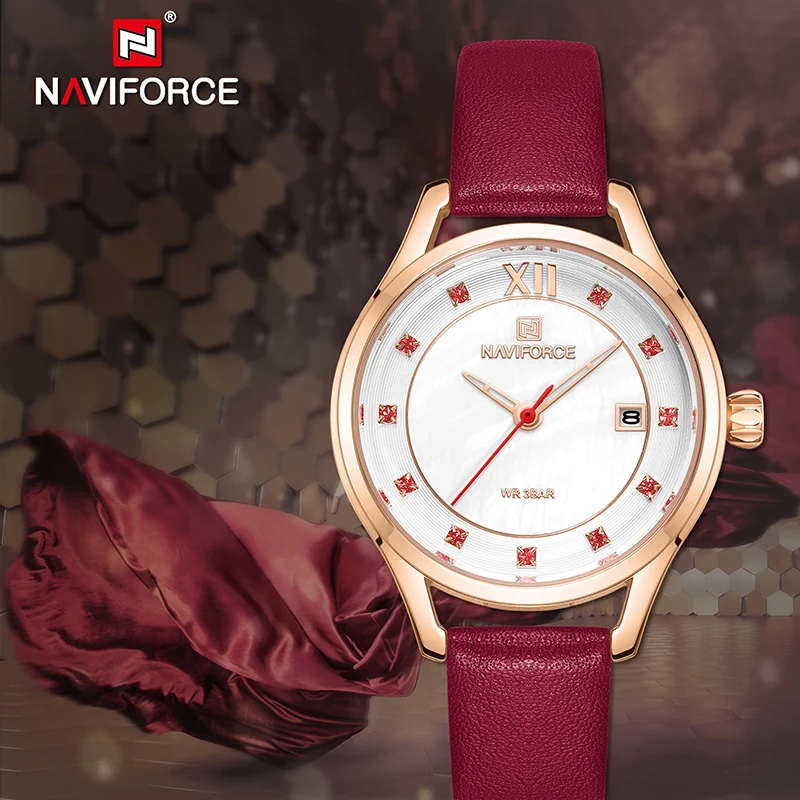 Новинка NAVIFORCE женские модные красные кварцевые часы Дамский кожаный ремешок