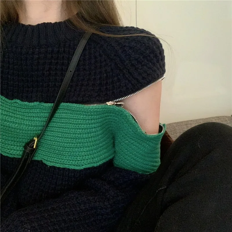 Neploe контрастный цвет лоскутное Pull Femme Hiver сексуальный с открытыми плечами на молнии дизайн длинный рукав вязаный джемпер свитер пуловер с круглым вырезом