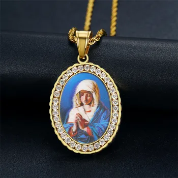 

Virgin Mary Necklace Pednant & Chain For Women Men Gold Color Stainless Steel Hip Hop Iced Out CZ Religious Jewelry