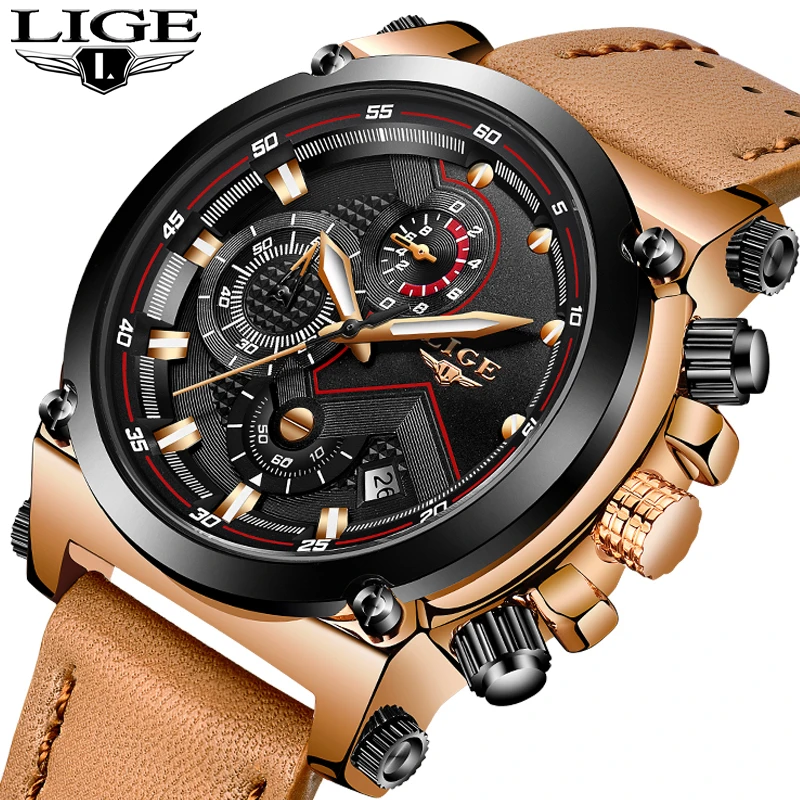

LIGE Luxury Brand Military Watches Men Quartz Chronograph 6 Hands Leather Clock Man Sports Army Wrist Watch Relogios Masculino