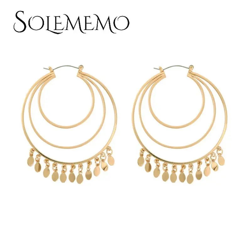 Solememo модные длинные серьги Многослойные серьги Для женщин три круглые металлические блестки падение серьги 2019 новинка, оптовая продажа E5599