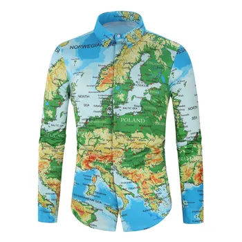 

4 Colors New Personality Map Print Shirt Digital Print Men's Long Sleeve Chemise Homme Social Men Shirt Map Collection