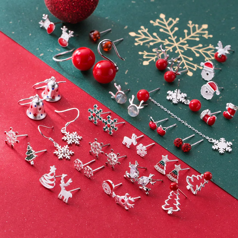 

Xmas 100% 925 Sterling Silver Christmas Earrings Ball Snowflake Santa claus Christmas Tree Stud Earring For Women Girls Gift