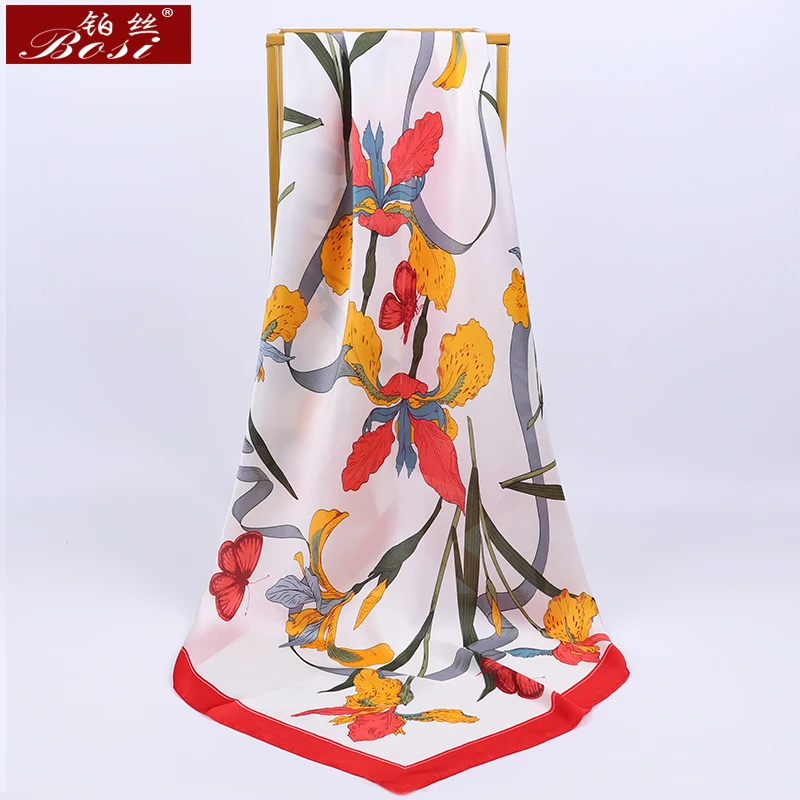 

2020 Fashion Silk Satin Scarf Women Flowers print Shawl hijab Spring Elegant 90*90cm Square Navy blue red Scarves free shipping