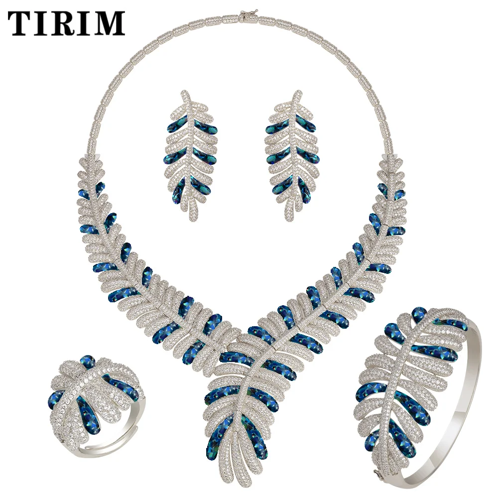 TIRIM 4 шт. большой набор кубический циркон синий белый из сломанных ракушек Капельное масло кольцо браслет серьги ожерелье Роскошные свадебные ювелирные изделия