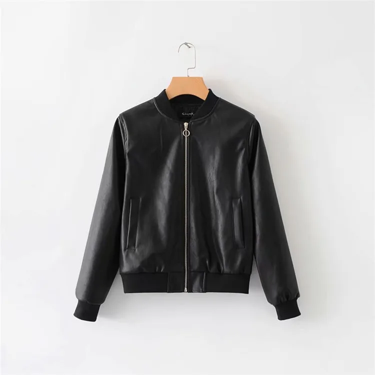 

2019 Europe And America Spring New Style WOMEN'S Dress Stand Collar Long Sleeve Slim Fit Leather Jacket Versitile Fashion Coat