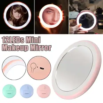 

Mini LED Makeup Mirror 12LEDs Mini Makeup Mirror Hand Held Fold Portable Micro USB Connect Cable Chargeableable Cosmetic Mirror